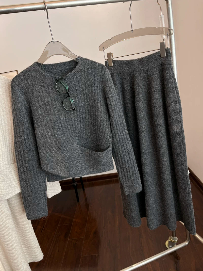 French style, elegant, loose fit round neck sweater, spring knit sweater, mid-length A-line skirt set.