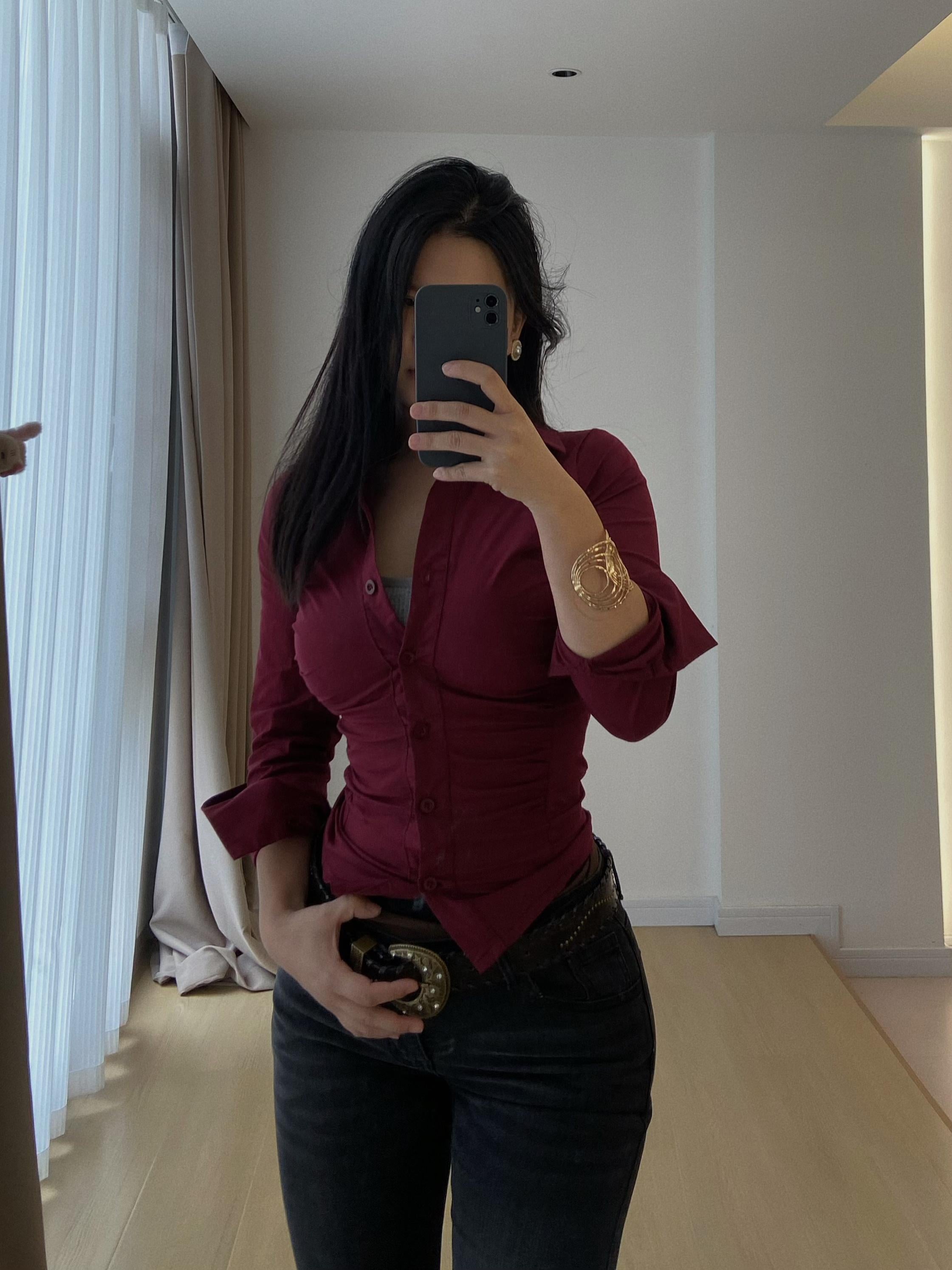 "Anqola Qırmızı Köynək, Han Jiaren Qırmızı" - Qırışlı Bel Arıqladıcı Elastik Uzunqol Köynək