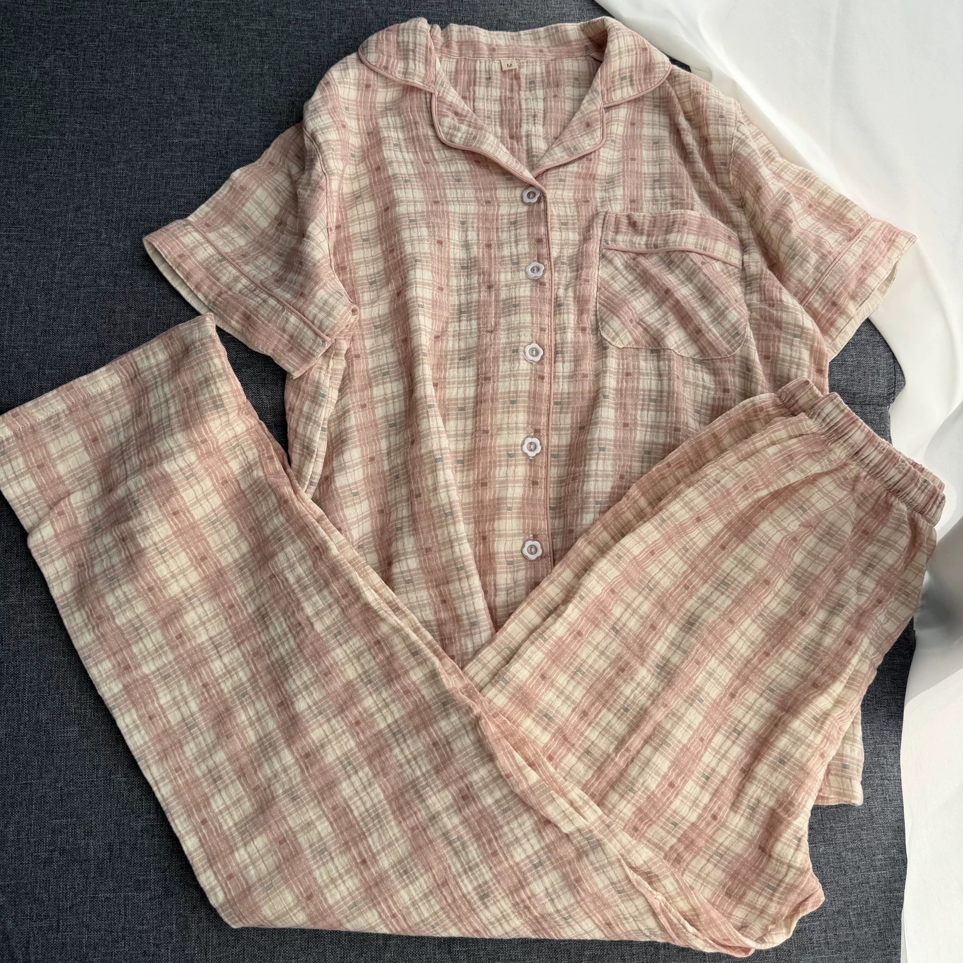 Cütlük üçün təmiz pambıqdan iki qatlı cuna pijama, ev paltarı, barok plaid, klassik uzunqol şalvar, qısaqol şort