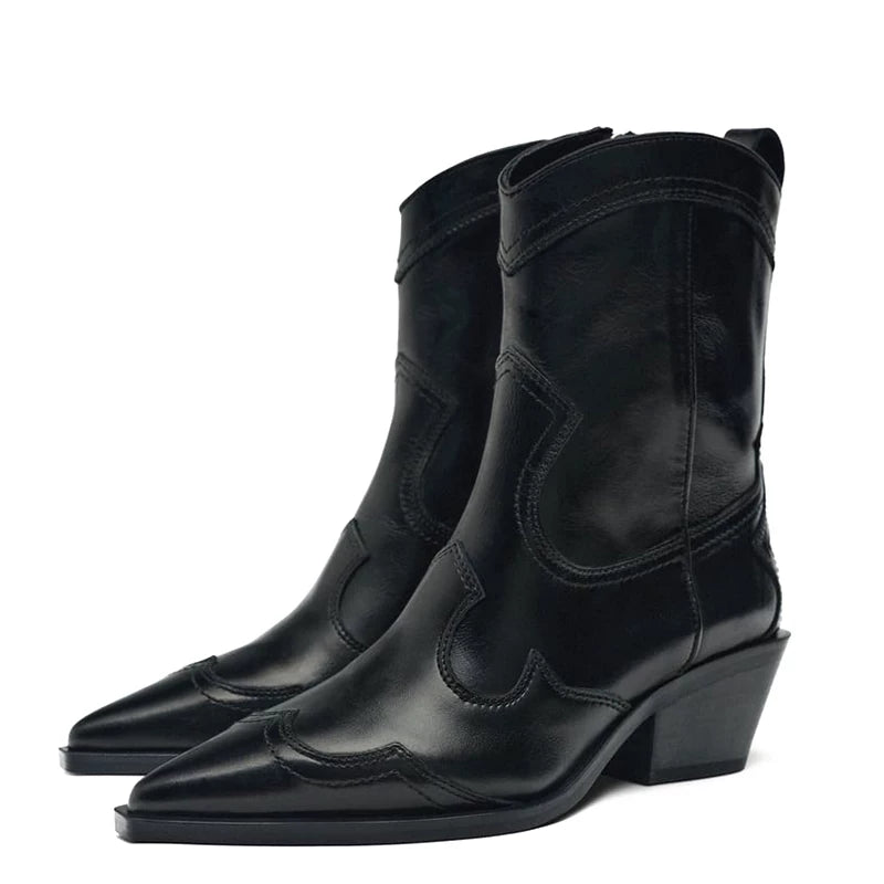 ZA2025 Yeni Orijinal Dəri Hündürdaban Qərb Kovboy Çəkmələri Retro Uclu Barmaqla İşlənmiş Hündürdaban Ayaq Biləyi Çəkmələri Qalın Dabanlı Martin Çəkmələri Qadınlar üçün