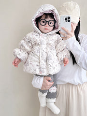 Fransız Uamtor qış qızlar üçün tüklü gödəkçə dəsti, ağ ördək tüklü gödəkçə, körpə geyimləri, isti və soyuğa davamlı açıq hava geyimi