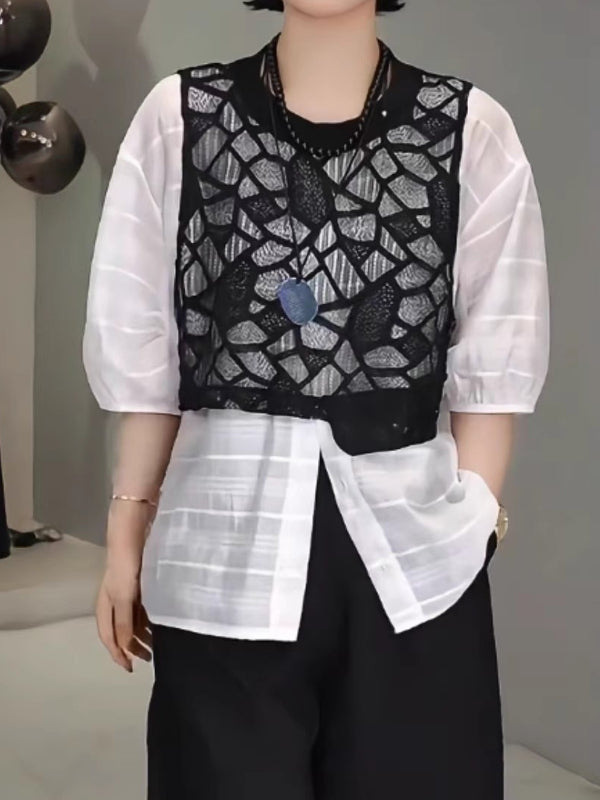 Avropa Stil 2026 Yay Yeni Plus Ölçülü Dizayn Krujeva Yamaqlı Dəyirmi Yaxalı Boş Qısa Qollu Köynək Qadınlar üçün Ən Trendy