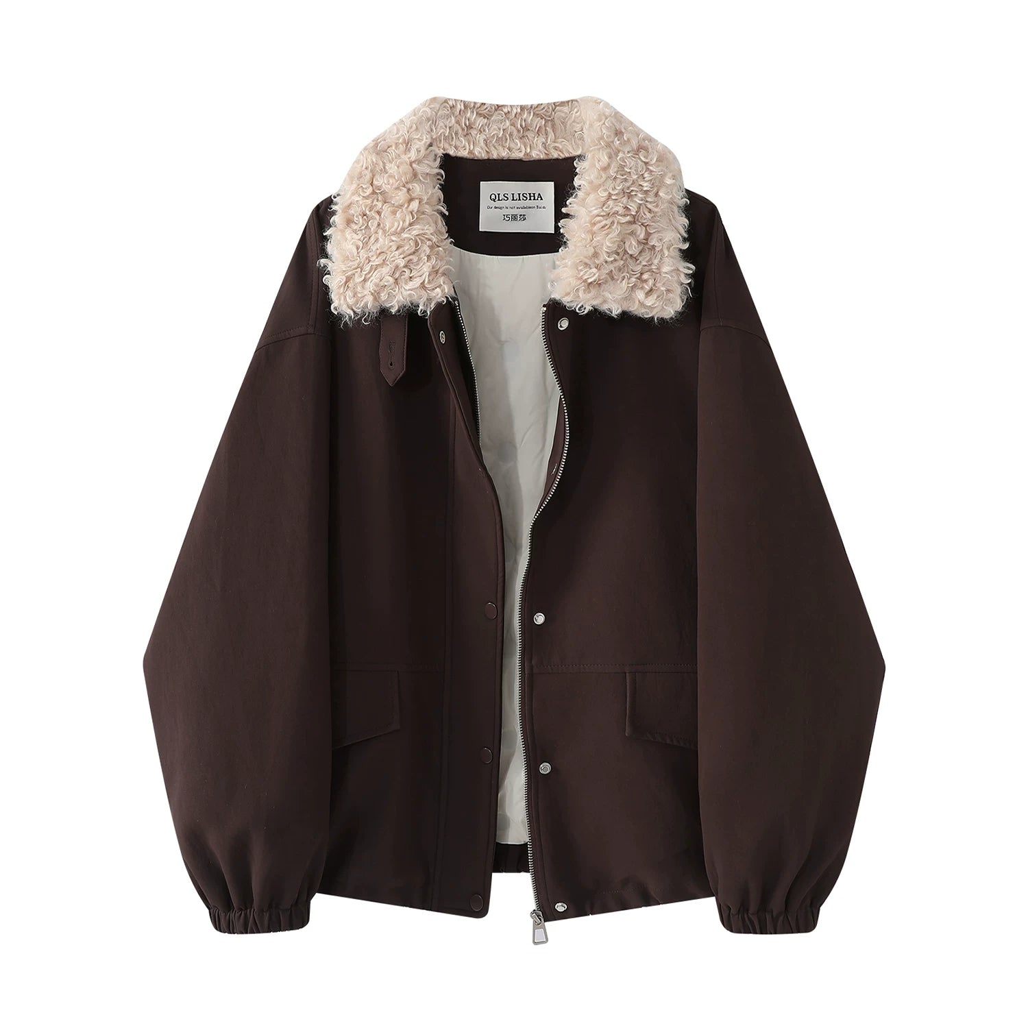 Cholisa'nın 2025-ci ilin payız/qış mövsümü üçün qadınlar üçün Koreya üslubunda yüksək keyfiyyətli dəri gödəkçə, yaxalıqlı, qalın palto və quzu yunundan hazırlanmış aşağı gödəkçə.