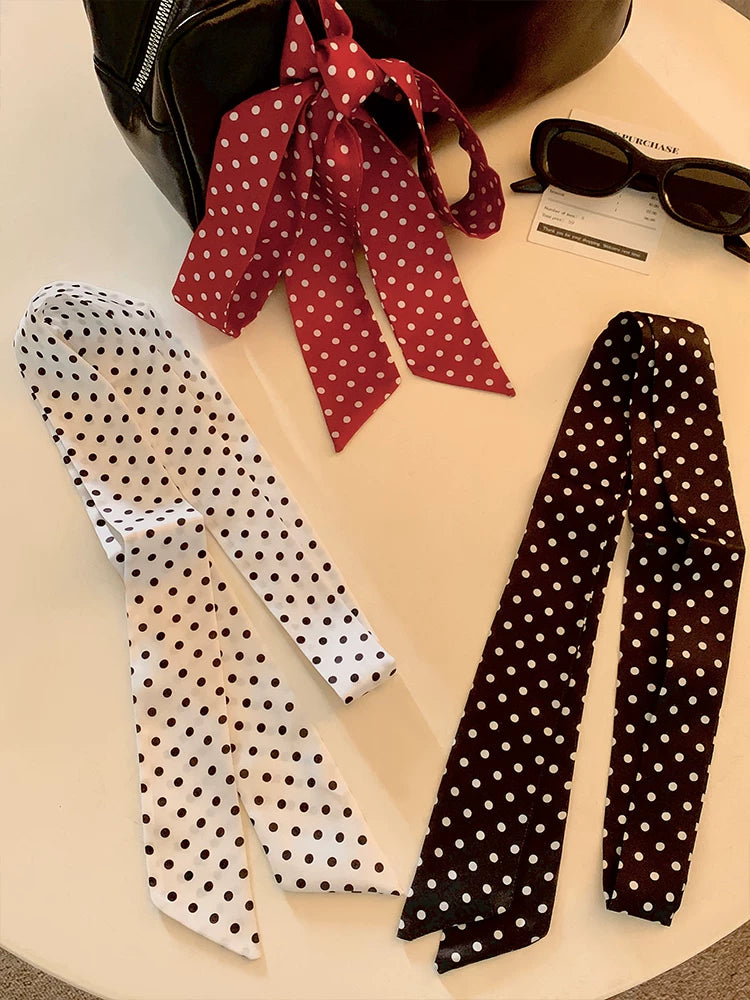 Qadınlar üçün polka-nöqtəli uzun ipək eşarp 2026 köynək və boyunlu yeni lent aksesuarları yüksək səviyyəli kiçik şərf və streç