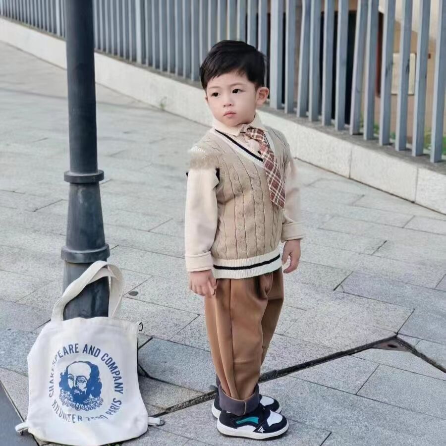 Uşaq yaz və payız geyim dəsti, uşaq qalstuku, preppy stili, uzunqol körpə toxunma jileti, centlmen kostyumu üç hissəli dəst