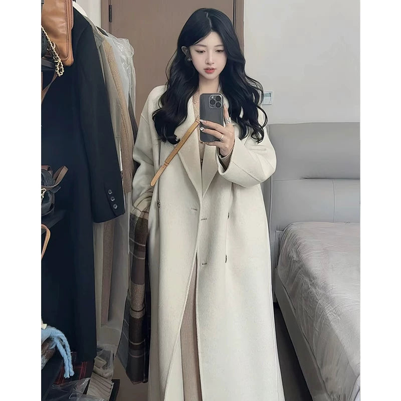 Hündür qadın üçün ikiüzlü yun palto, əlavə uzun, 2025 payız/qış üslubunda, boz, Koreya üslubunda, tüklü yun palto.