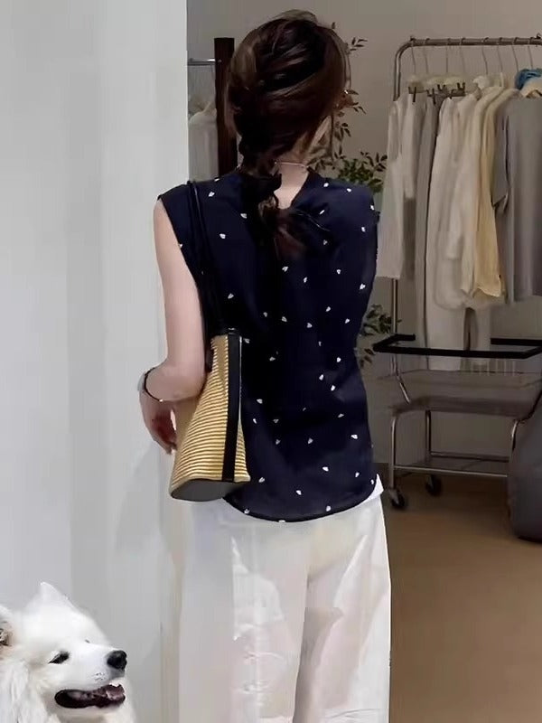 Böyük Ölçülü Qadınlar üçün Koreya Üslubunda Arxa Qalstuk Polka Nöqtəli Köynək Jilet Yay Yeni Üslubunda Boş Uyğunluqlu Arıqladıcı Qolsuz Top