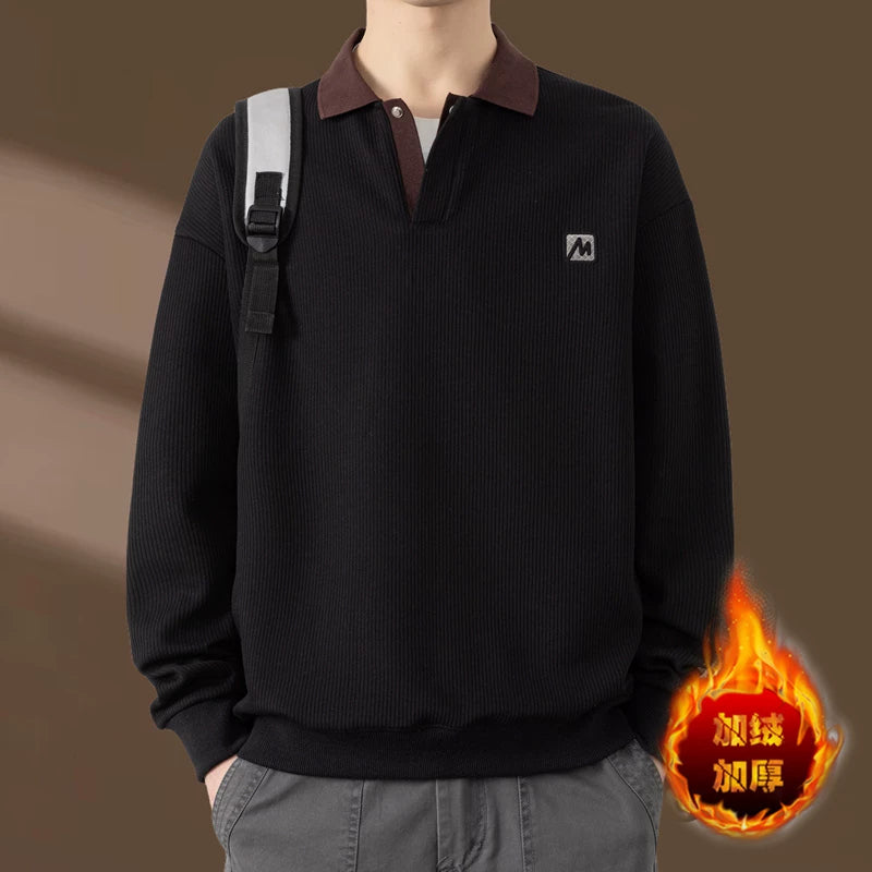 Qiao Dimengla Yüksək keyfiyyətli payız/qış kişi sviteri, yun astarlı, qalınlaşdırılmış, ağır, yaxalı, uzunqol, gündəlik kişi geyimi, yaz/payız üslubu