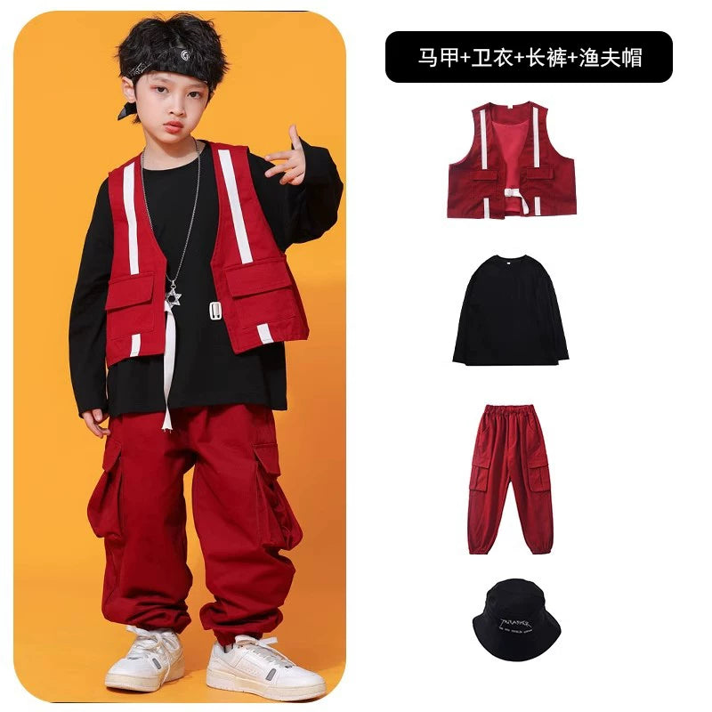 Küçə rəqsləri uşaqlar üçün dəbli, gözəl oğlanlar üçün hip-hop performansı jileti, üç hissəli hip-hop küçə performansı kostyumu.