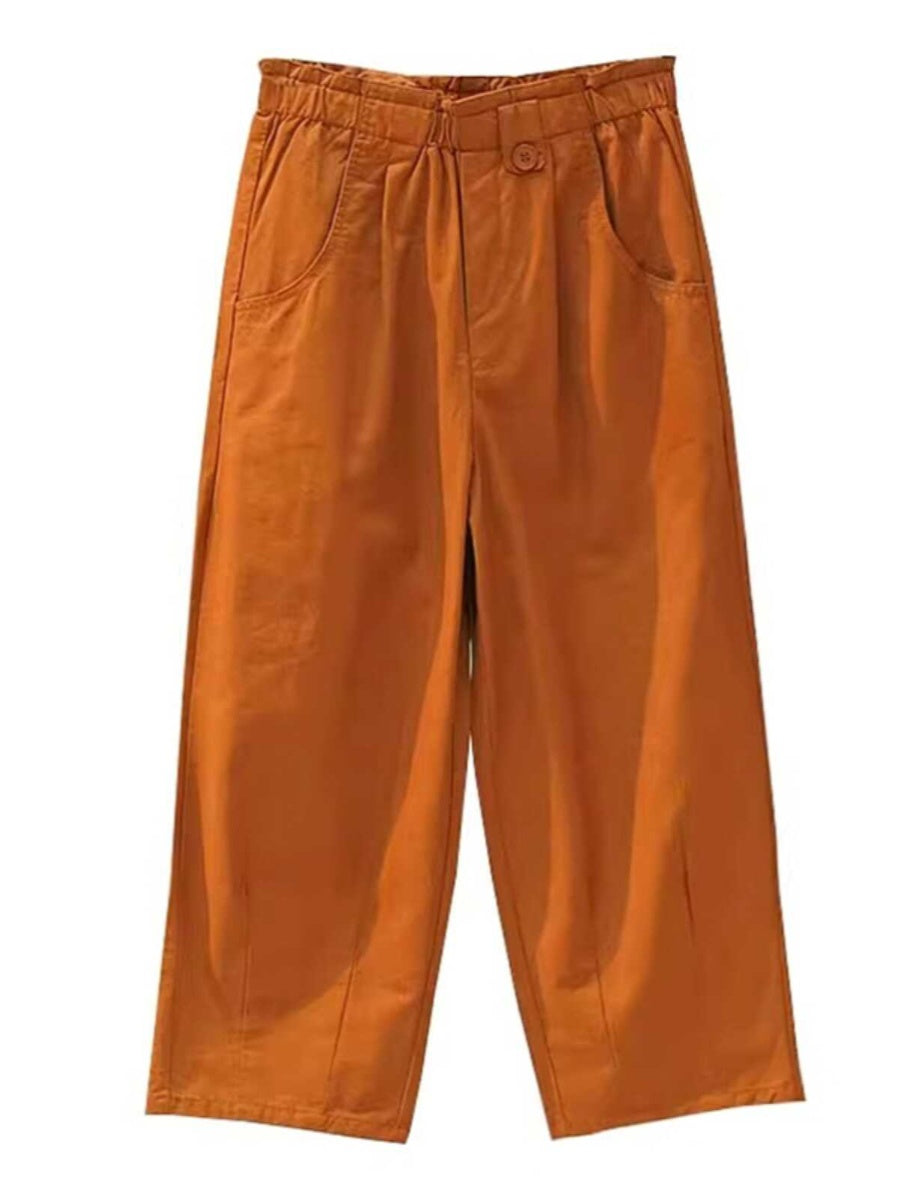 Bir az dolğun bədən quruluşuna malik qadınlar üçün böyük ölçülü yay balqabaq narıncı rəngli, geniş, hündürbel şalvar, incəldən elastik bel, düz ayaqlı qısa şalvar