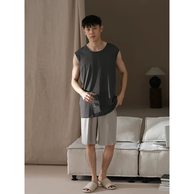 [Cool Feeling] Modal Buz İpək Pijama Kişi Yay Nazik Qısaqol Şort Yeniyetmələr Evdən Geyimi Kostyum
