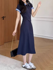 Böyük ölçülü yay Koreya üslubunda qadın üçün rəngli bloklu polo yaxalıqlı don, nazik, yüksək belli, arıqladıcı, bədən quruluşuna uyğun uzun don.