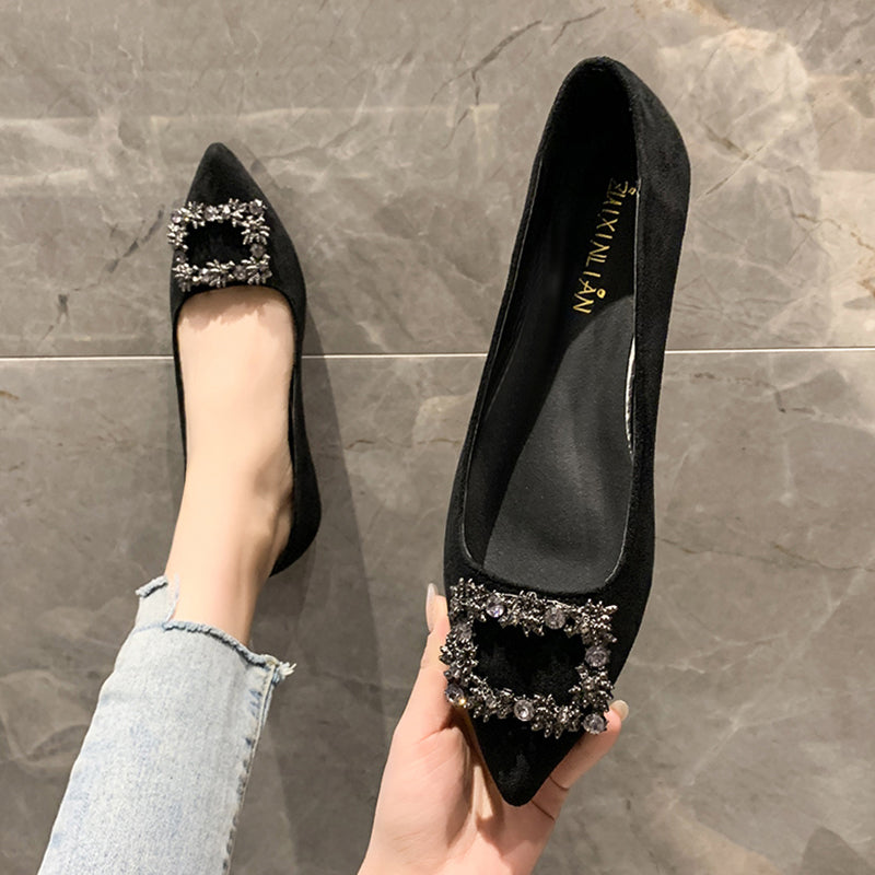 Qadınlar üçün 2025 Yeni Stil Zamşa Düz Rhinestone Tokalı Tək Ayaqqabı, Dayaz Ağız, Uclu Barmaq, Yumşaq Altlıq, Çoxfunksiyalı Qara Peşəkar İş Ayaqqabıları