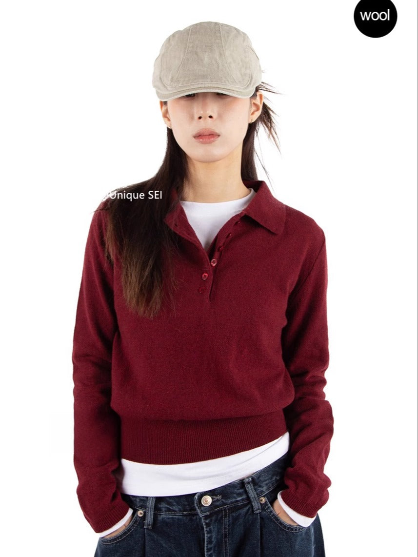 Unikal SEI Küçə Stilində Koreya Tənbəl Polo Yaxalıq Düyməli Boş Gündəlik Çoxfunksiyalı Uzunqollu Trikotaj Sviter