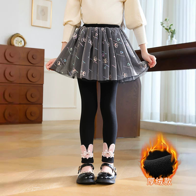 Qızlar üçün bir hissəli ətək şalvarları, 2025-ci ilin yaz və payız mövsümü üçün yeni model uşaq qış geyimləri, flis astarlı, süni iki hissəli leqinslər, ağ, çöldə geyinmək üçün.