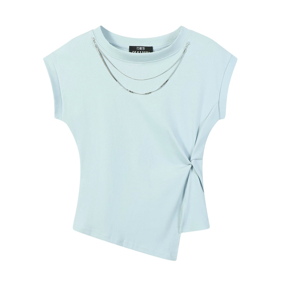 Cholisa-nın özünəməxsus zəncir dizaynı, çiyinləri açılan qollar, qeyri-bərabər düyün, qadınlar üçün yüksək keyfiyyətli qısaqol köynək, yay.