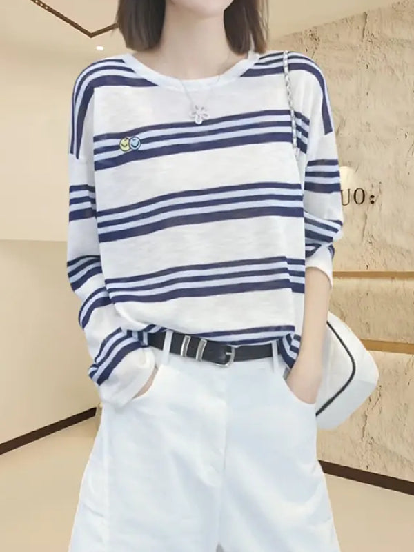 Tənbəl Zolaqlı Uzunqollu Günəşdən Qoruyucu Qadın Futbolkası, Böyük Ölçülü, Boş Formalı, Kondisionerli Köynək, Arıqladıcı Gündəlik Örtüklü Top