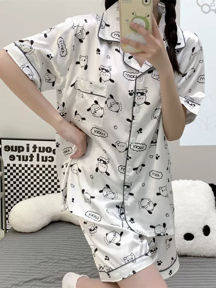 2026 Yeni Buz İpək Pijama Qadın Yay Qısaqol Karikatura Sevimli Yağ mm Plus Size Tələbə Ev Geyimi Dəsti