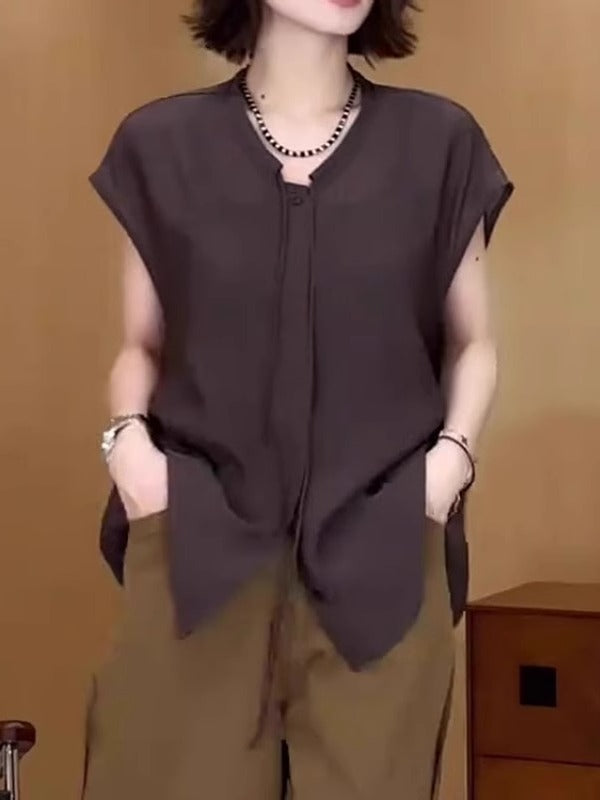 Qadınlar üçün böyük ölçülü, şık və zərif qalstuklu bluzka, yeni yay stili, geniş formalı, arıqladıcı, çoxfunksiyalı qısaqol köynək.