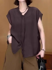 Qadınlar üçün böyük ölçülü, şık və zərif qalstuklu bluzka, yeni yay stili, geniş formalı, arıqladıcı, çoxfunksiyalı qısaqol köynək.