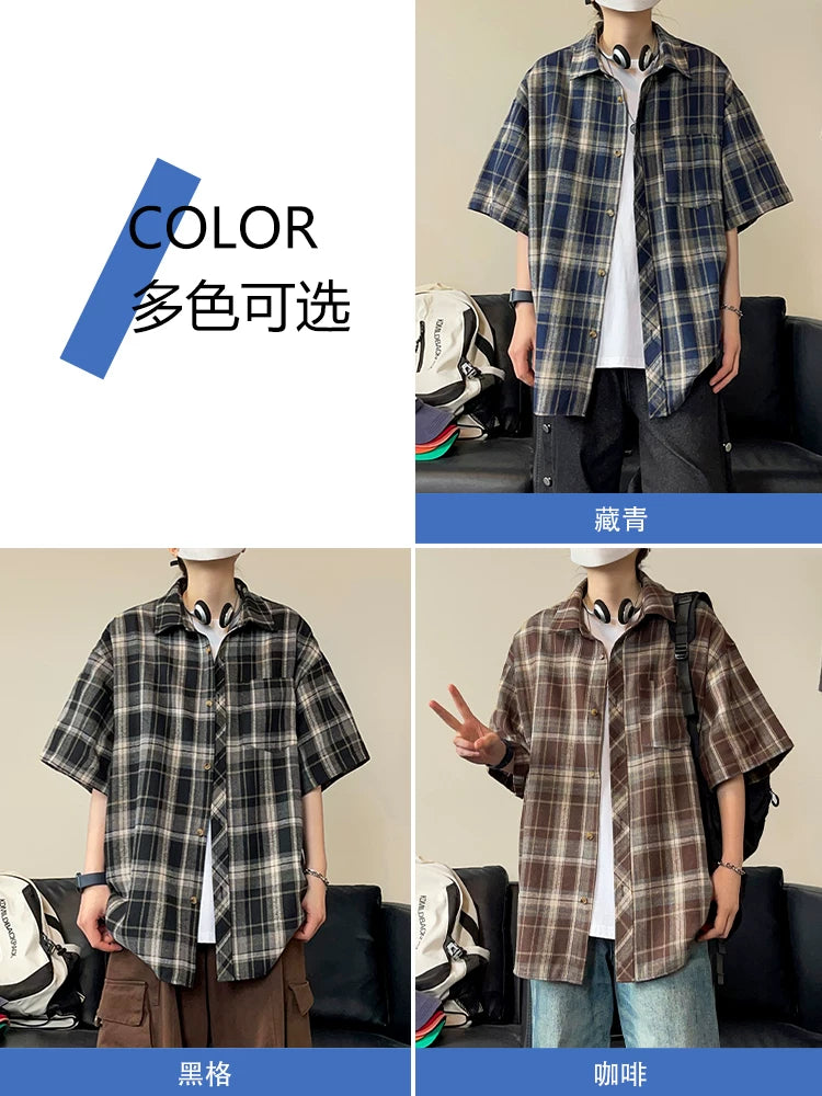 Sərin kişi köynəyi qısaqol yay yeni üslublu gənclər üçün təsadüfi kiçik plaid köynək kişi orta məktəb və orta məktəb tələbələri üçün boş paltar