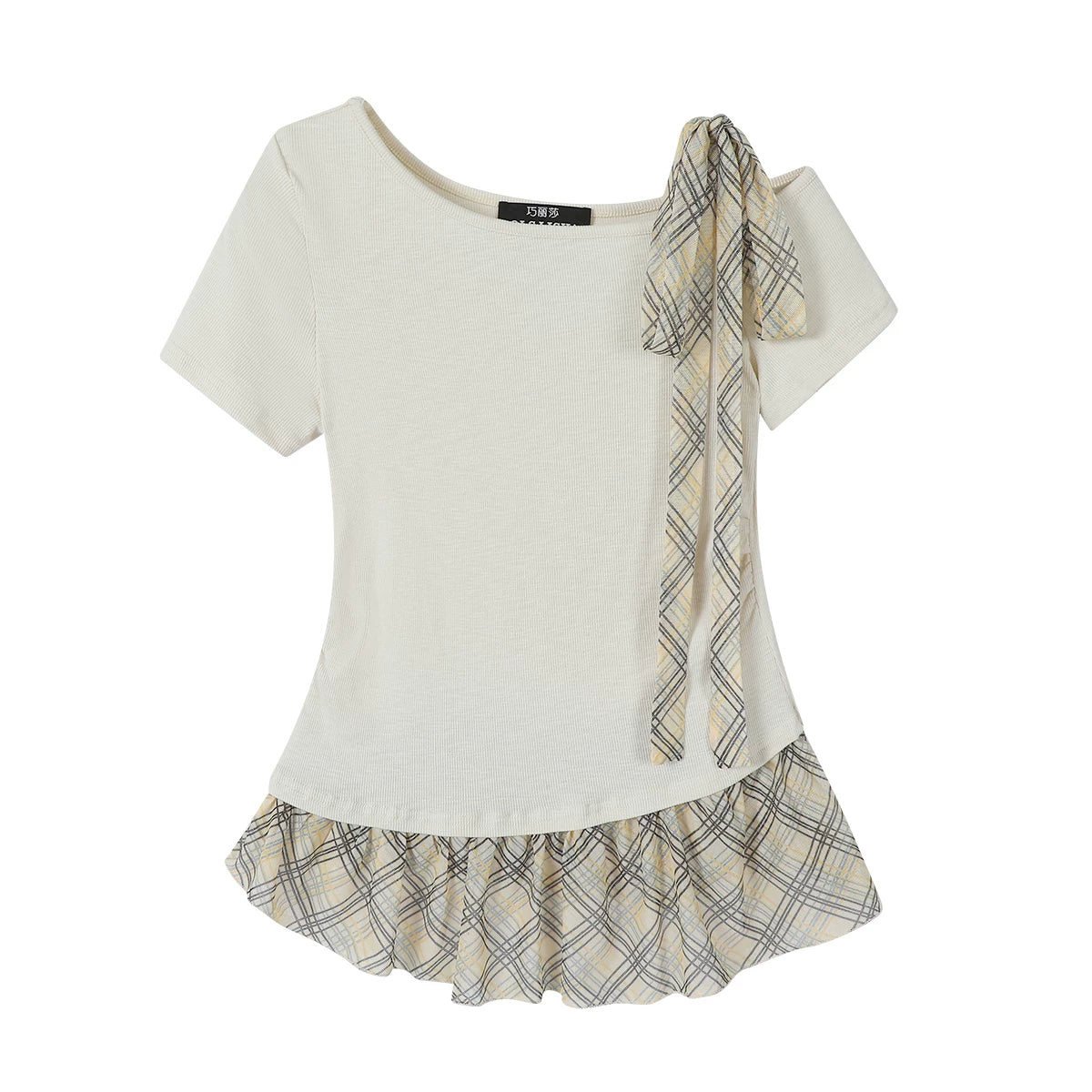 Chola Lisa qısaqol qadın üçün unikal dizaynlı qalstuklu köynək, Koreya üslubunda, incə, içi boş, çiyinsiz top