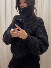 Böyük ölçülü! Qadınlar üçün Amerika retro fermuarlı balıqçı yaxalı hırka, yeni payız/qış üslubunda, geniş formada, qalın toxunmuş palto.