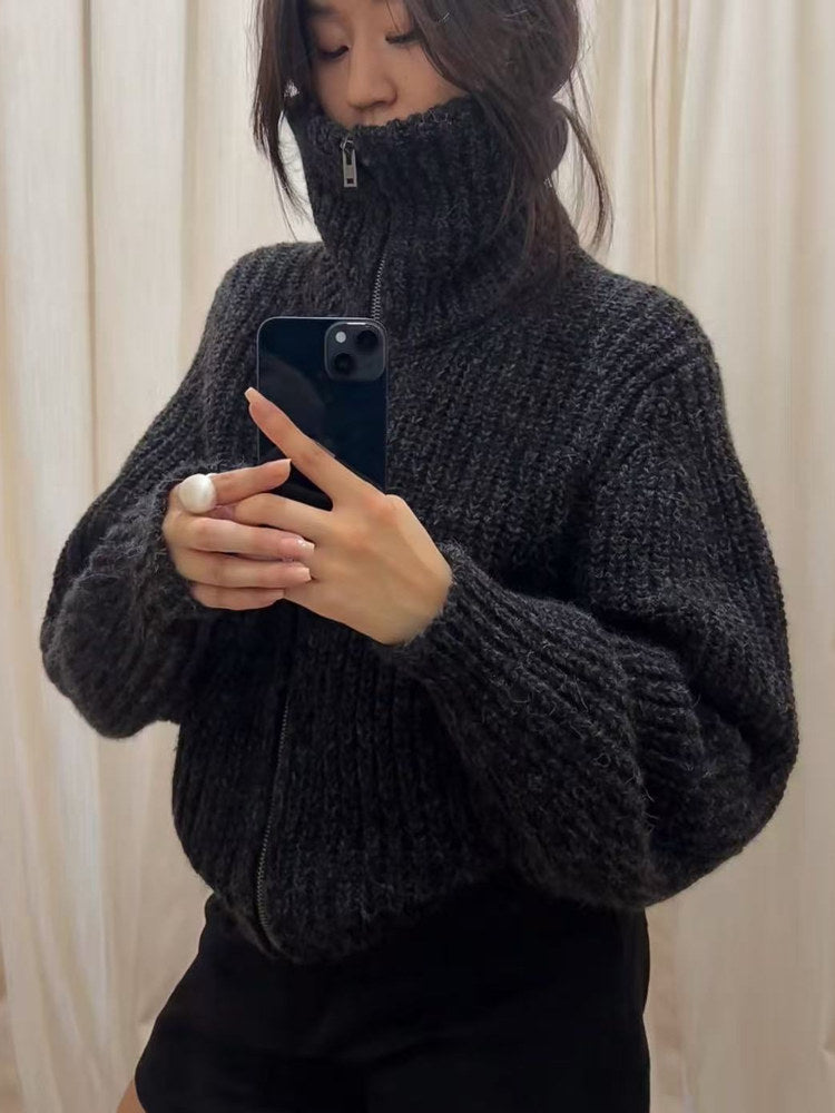 Böyük ölçülü! Qadınlar üçün Amerika retro fermuarlı balıqçı yaxalı hırka, yeni payız/qış üslubunda, geniş formada, qalın toxunmuş palto.