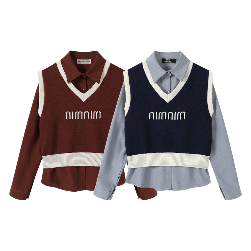 Chorlisa Erkən Payız Fransız Dizaynlı Qəşəng Uzunqol Köynək Dəsti, Qadınlar üçün Dəbli və Zərif Jilet İki Hissəli Dəst