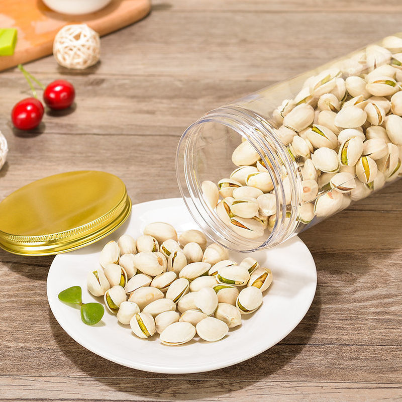 Qızıl qapaqlı pet möhürlənmiş banka şəffaf plastik şüşə qida dərəcəli dəyirmi qalınlaşdırılmış ballı biskvit konfet qabı qapaqlı