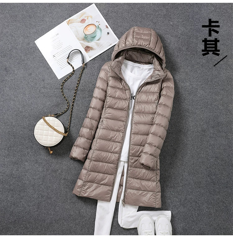 2024 Autumn/Winter New Women's Lightweight Jacket, Mid-Length, White Duck Down, Korean Style, Slimming and Comfortable, Detachable Hood