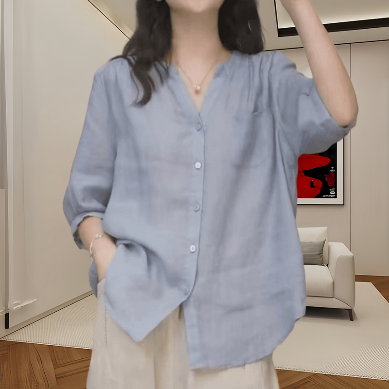 Nazik rami köynək, yay üslubunda, böyük ölçüdə, dəbli və boş V-yaxalı, düz rəngdə, çoxfunksiyalı köynək, orta uzunluqlu qollar, arıqladıcı köynək.