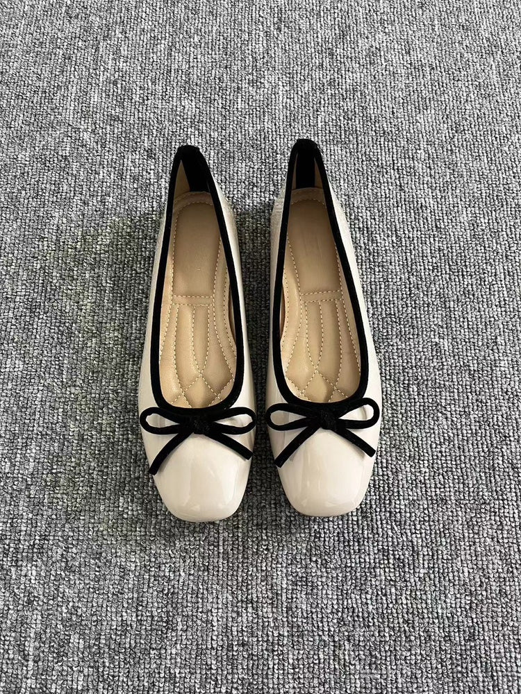 Women's French retro red ballet flats, soft leather, tie, low-cut, granny shoes