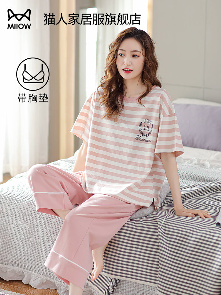 Catman qadın pijama 2026 yeni yay təmiz pambıq sinə yastığı ilə qadın qısaqol üç rüb şalvar Shu ev geyimi yay