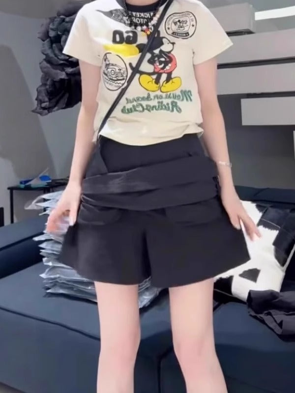 Böyük Ölçülü Qadınlar üçün Yay Yeni Nazik Armud Formalı Yüksək Belli Gündəlik Qısa Ətək, Kəmərli Yük Ətək Şalvarı