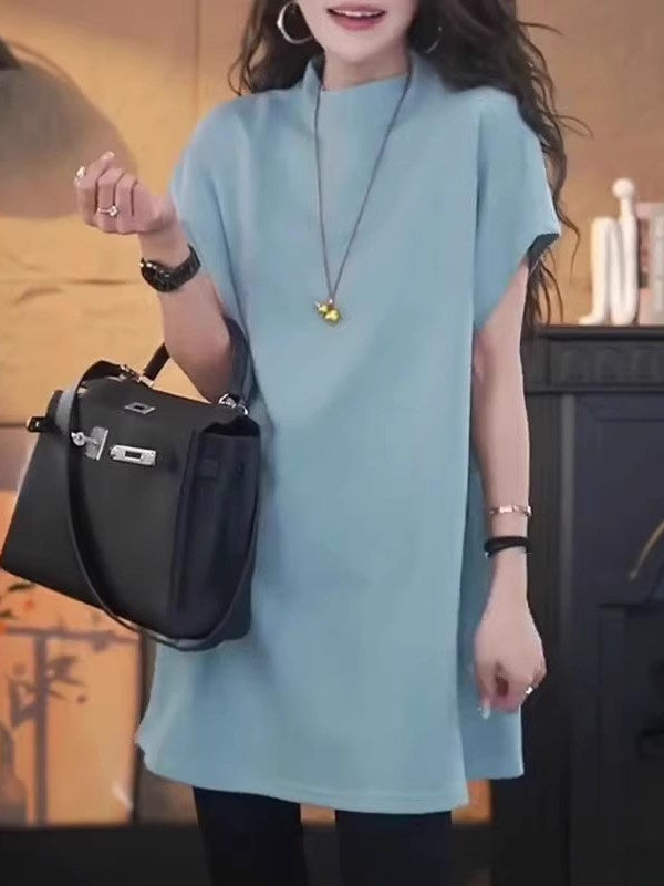 Avropa üslubunda böyük ölçülü qısaqol köynək, böyük ölçülü qadın geyimləri, 2026-cı il yayı, boş forma, orta uzunluqda, kök qızlar üçün yarıqlı top, qarnını gizlədir.