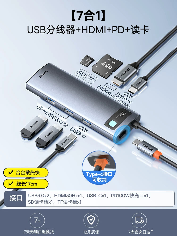Baseus dok stansiyası Type-C-dən HDMI proyeksiyasına USB splitter adapter mərkəzi Kompüterlər, iPad-lər, noutbuklar, planşetlər və mobil telefonlar üçün Thunderbolt 4 çoxportlu Ethernet çeviricisi