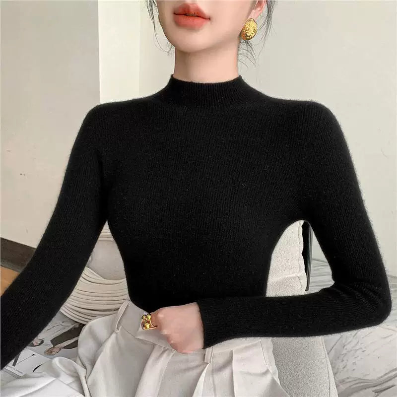 Qadınlar üçün yüksək keyfiyyətli yun sviter, hündür yaxalı, incə bədən quruluşlu, laylı-laylı, payız və qış üçün ideal, yeni model, qalın və çoxfunksiyalı toxunma sviter