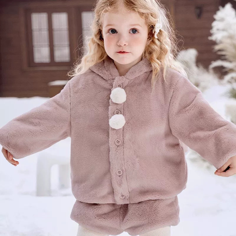 Manxi Körpə Uşaq Geyimləri Qış İsti Palto Qızlar üçün Başlıqlı Yeni Stil Çox yönlü Şirin Peluş Top