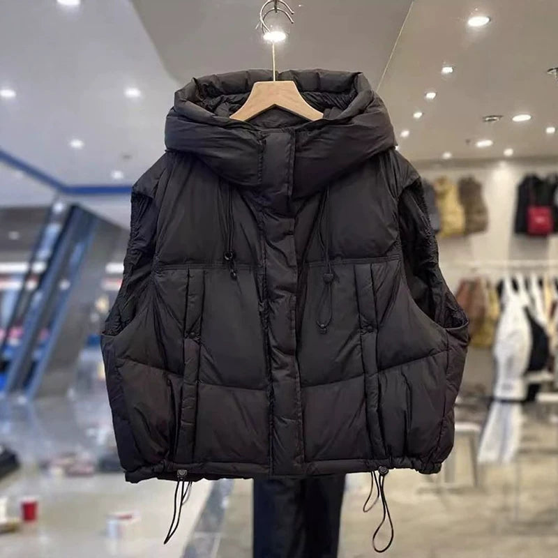 Qadınlar üçün böyük ölçülü, yüksək keyfiyyətli qara pambıq jilet, 2026-cı ilin payız/qış yeni moda, arıqlama üçün, geniş, isti jilet/üst geyimi.