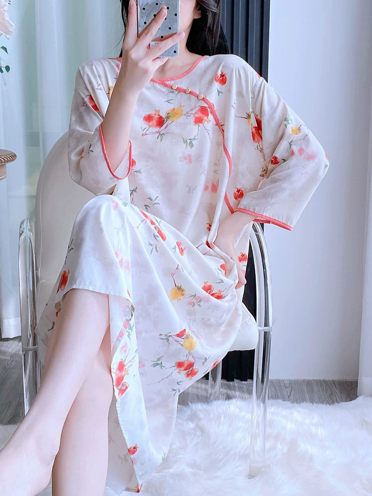 Pambıq ipək pijama qadın yay orta qollu gecə paltarı böyük ölçülü süni pambıq ipək yeni Çin üslubunda nazik boş ev geyimi uzun yubka