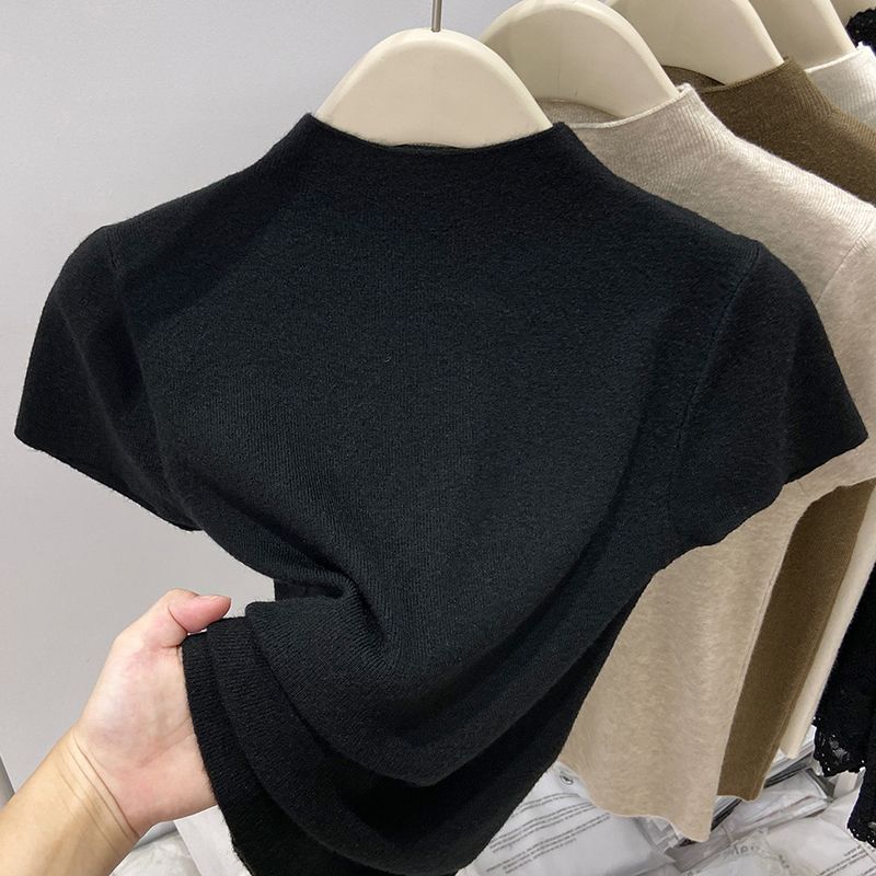 2025 Payız Yeni Gəlişi Yarım Hündür Yaxalı Yumşaq Qısa Qollu T-Shirt Trikotaj Qadınlar üçün İncə Uyğun Dayanacaqlı Yaxalıqlı Üst Qat