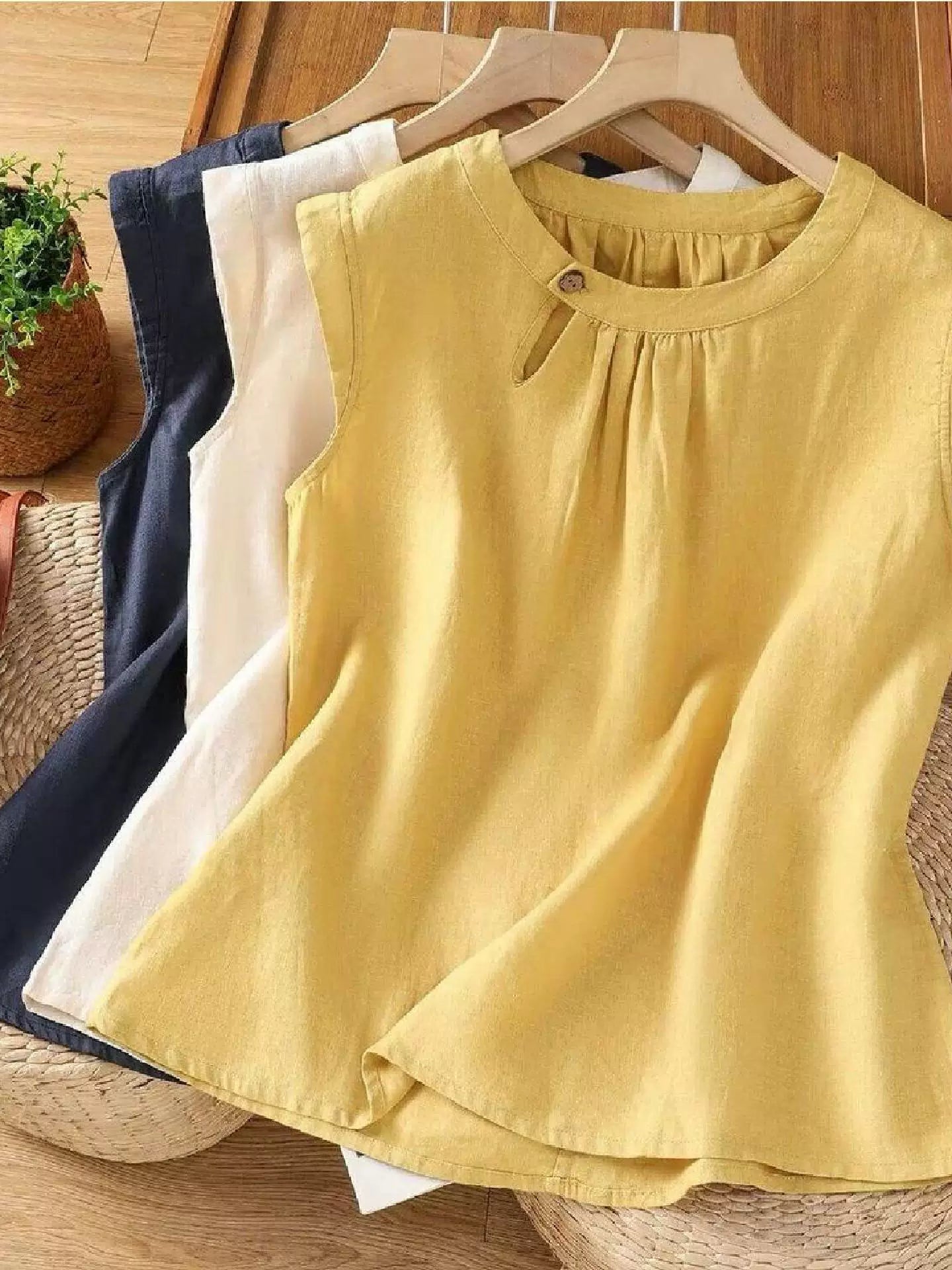 Qadınlar üçün retro qolsuz pambıq və kətan köynək yay nazik yeni Çin üslublu təsadüfi yüksək səviyyəli kətan top pullover