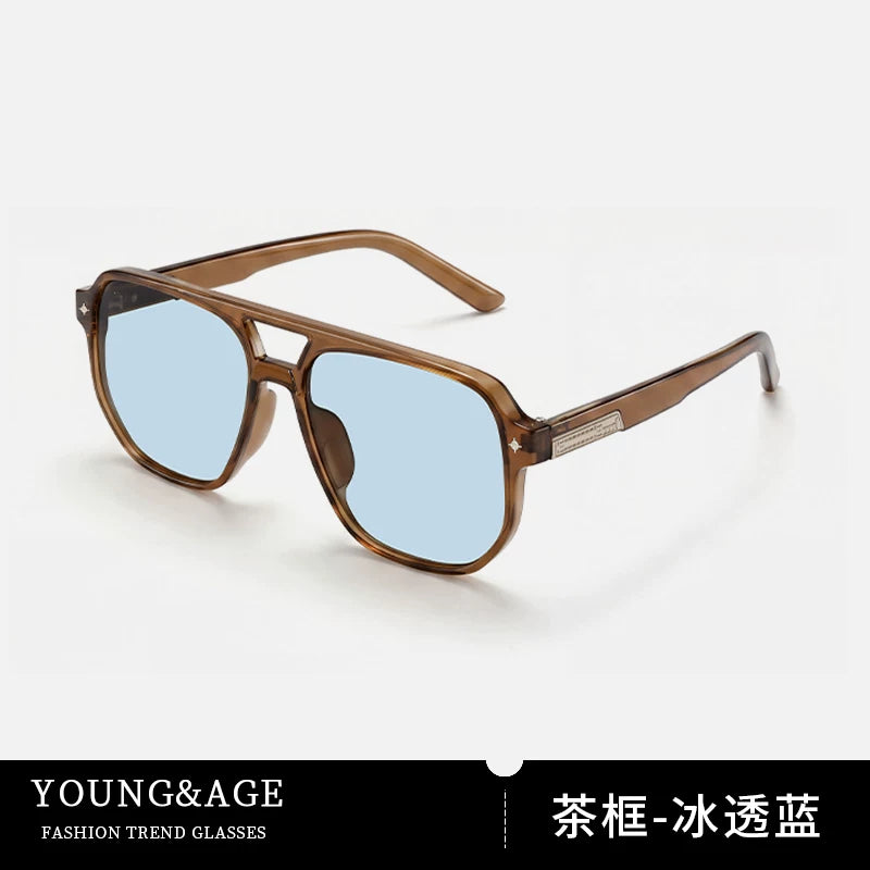 Dəbli Böyük Çərçivəli Gün Eynəkləri Qadın Çimərlik Tətili Anti-UV Retro Qoşa Körpü Aviator Günəş Eynəyi Mavi