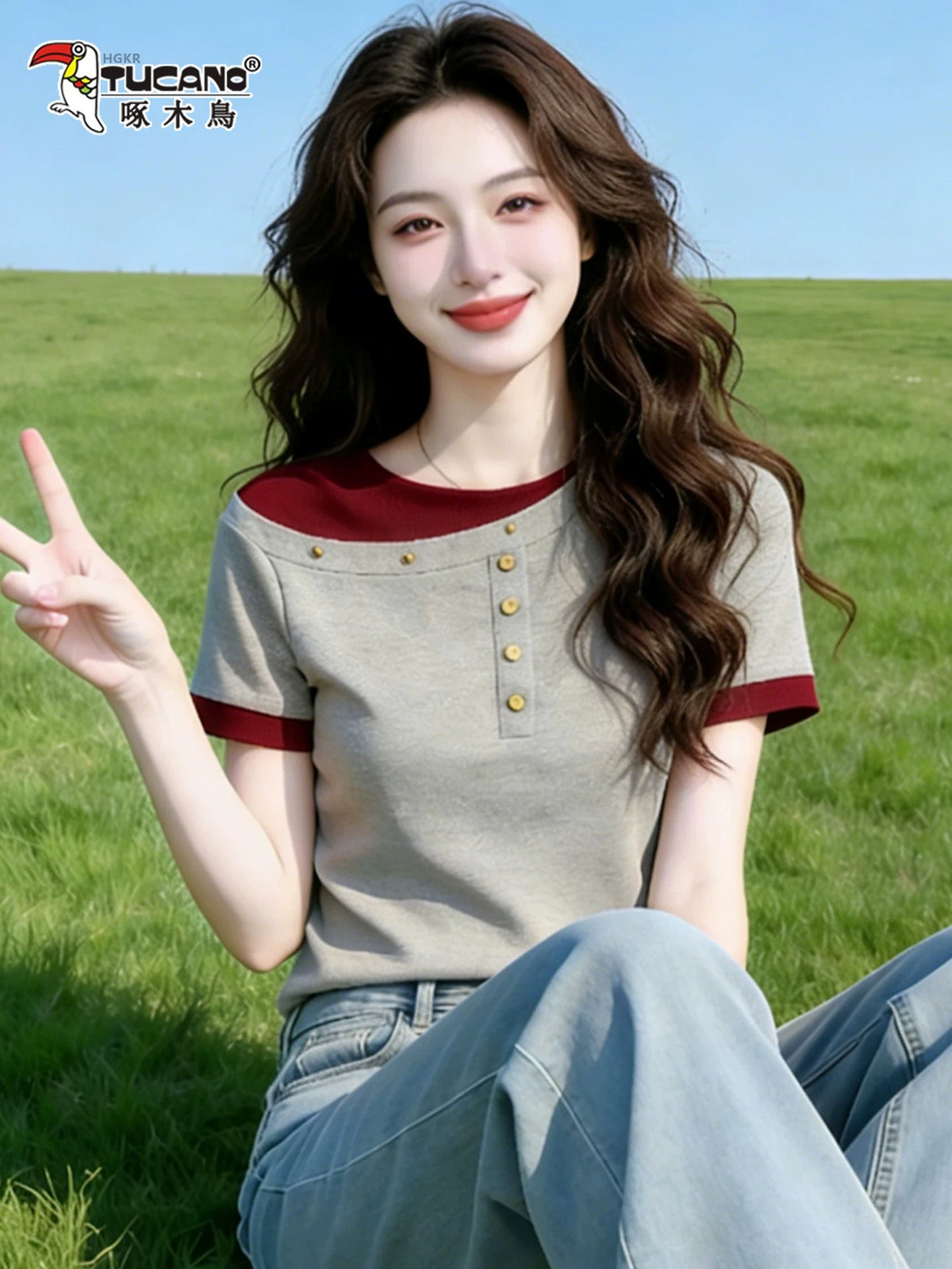 Ağacdələn yay tətili iki hissəli təmiz pambıq qısaqol qadın köynəyi yeni təzadlı rəngli dairəvi boyunlu nazik nazik Qərb üslublu top köynək