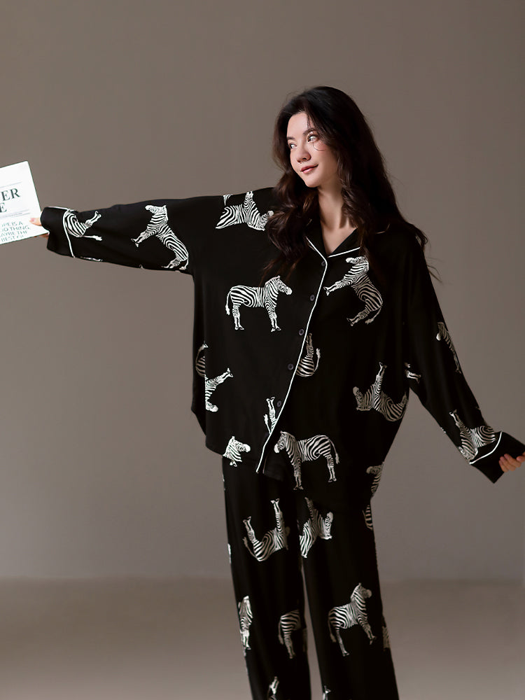 Jialefen Qadınlar üçün Yaz və Payız Modalı Uzunqollu Ev Geyimi Yay İncə Zebra Dəsti Qara Yüksək Ucuz Stil