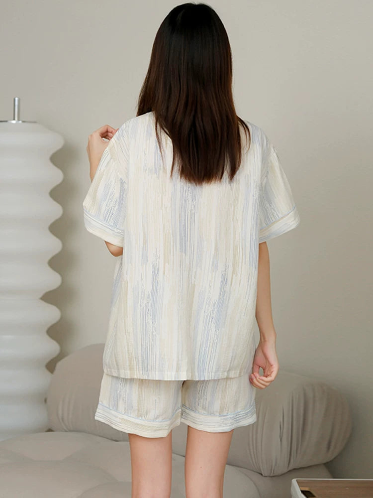 Catman pijama qadın xalis pambıq yay qısaqol şort üç hissəli döş yastığı ilə dəst çöldə yaz və payızda geyinmək olar nazik ev paltarı dəsti