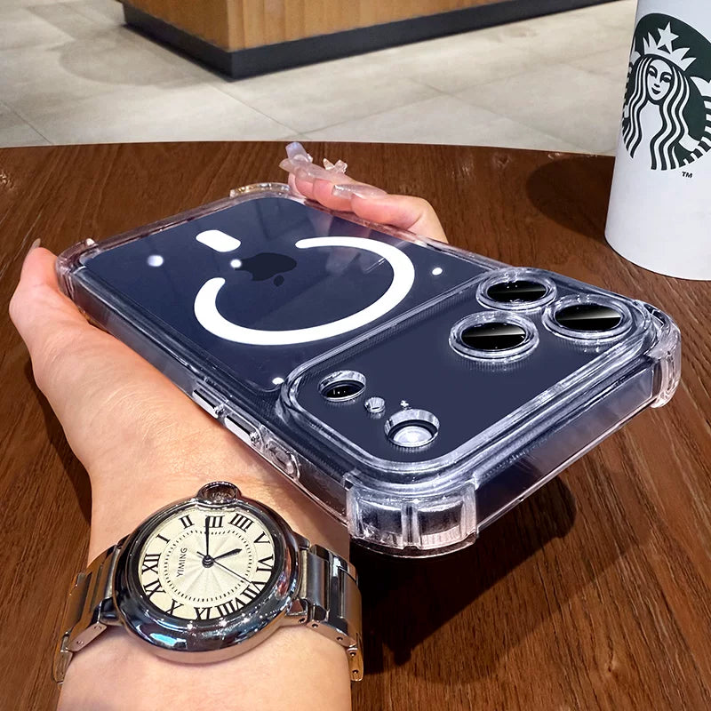 [Düşməyə qarşı maqnit hava yastığı] Apple 17promax cib telefonu üçün uyğun platin hərf iphone17pro yeni şəffaf 16 qadın 15 yüksək səviyyəli 13 hər şey daxil obyektiv 14 super isti Magsafe qutusu
