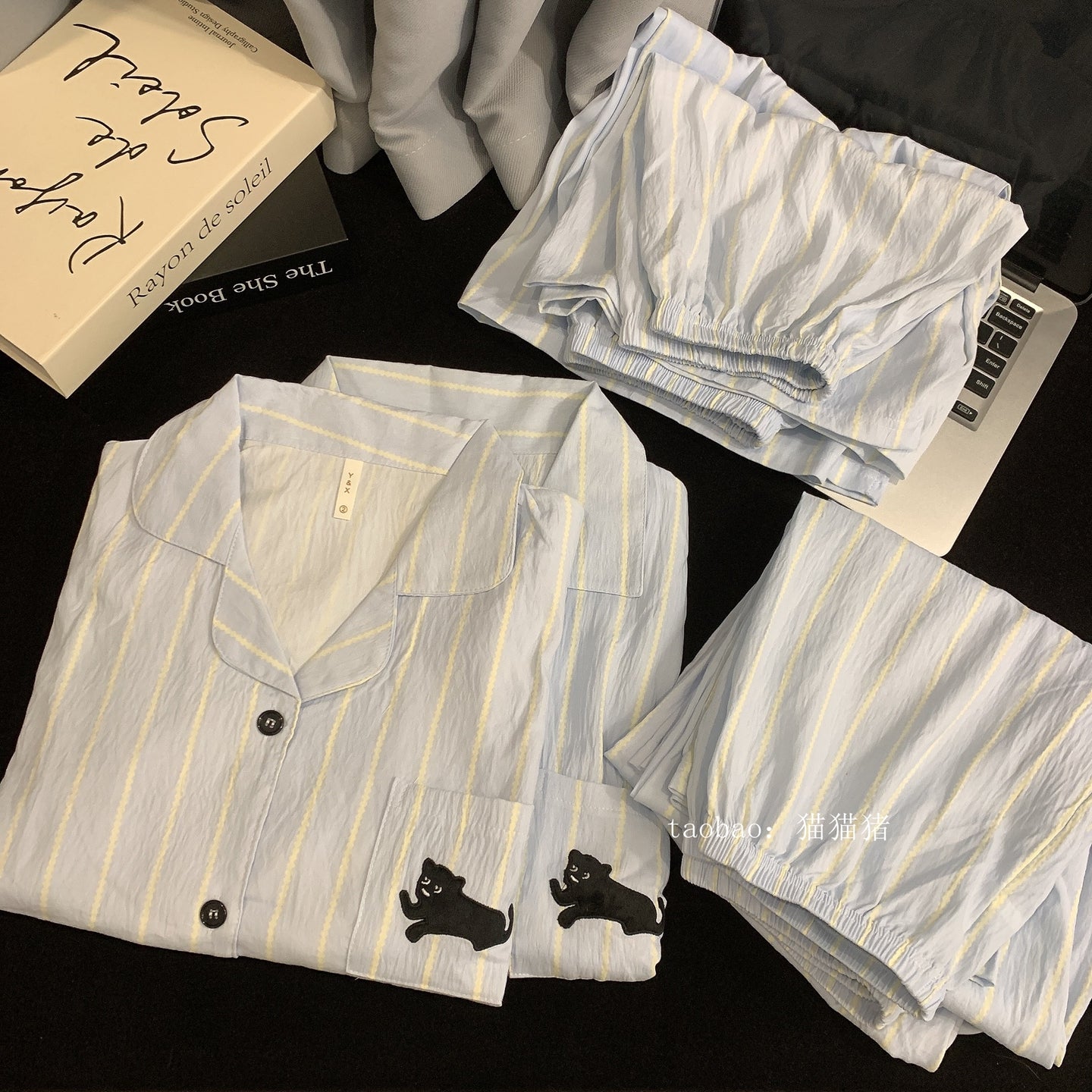 Naxışlı qara pişik cüt kişi və qadın pijama təmiz pambıq cuna üç hissəli yay qısaqol zolaqlı böyük ölçülü nazik ev paltarı