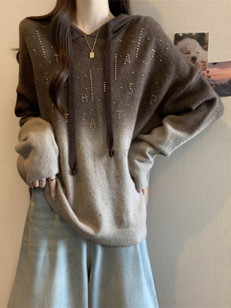 Qəşəng qradiyentli başlıqlı sviter, yeni 2026-cı ilin yaz dəbi, böyük ölçülü qadın geyimləri, dəbli Avropa üslubunda boş toxunmuş köynək.